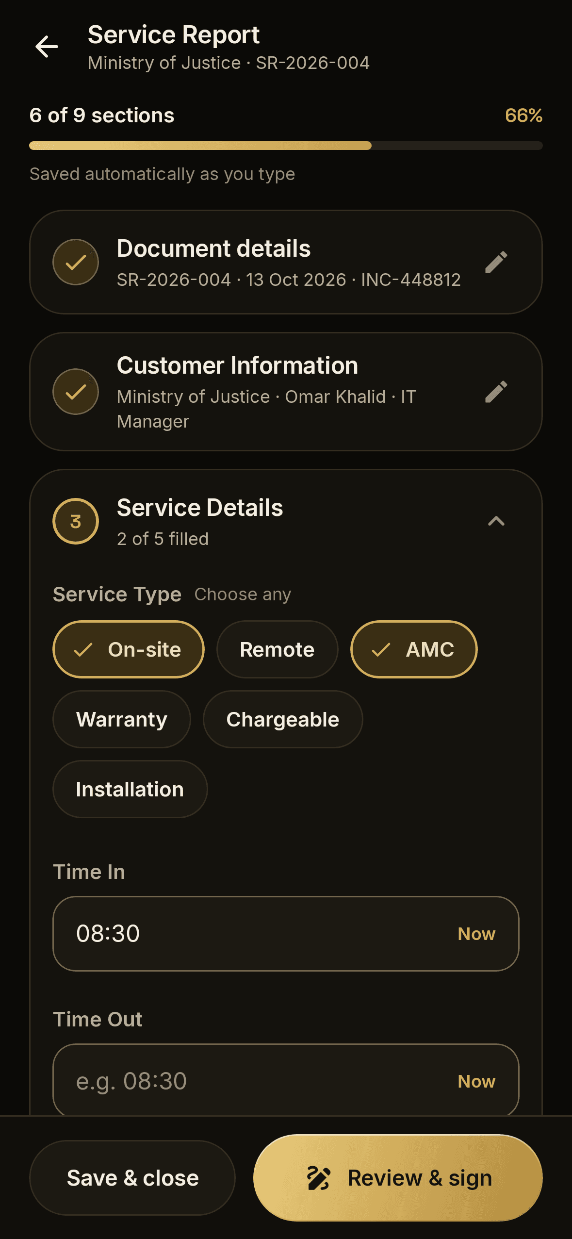 Filling in a service report